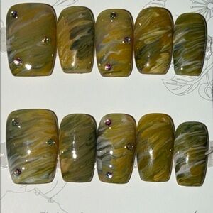 Yellow and Green Marble handmade acrylic  Press-On Nails